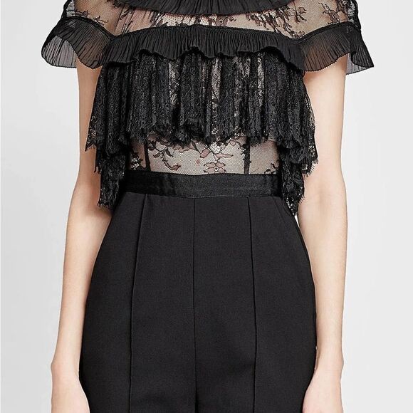 Self Portrait Fine Lace Black Cropped Wide Leg Jumpsuit. Size 2. - Picture 5 of 12